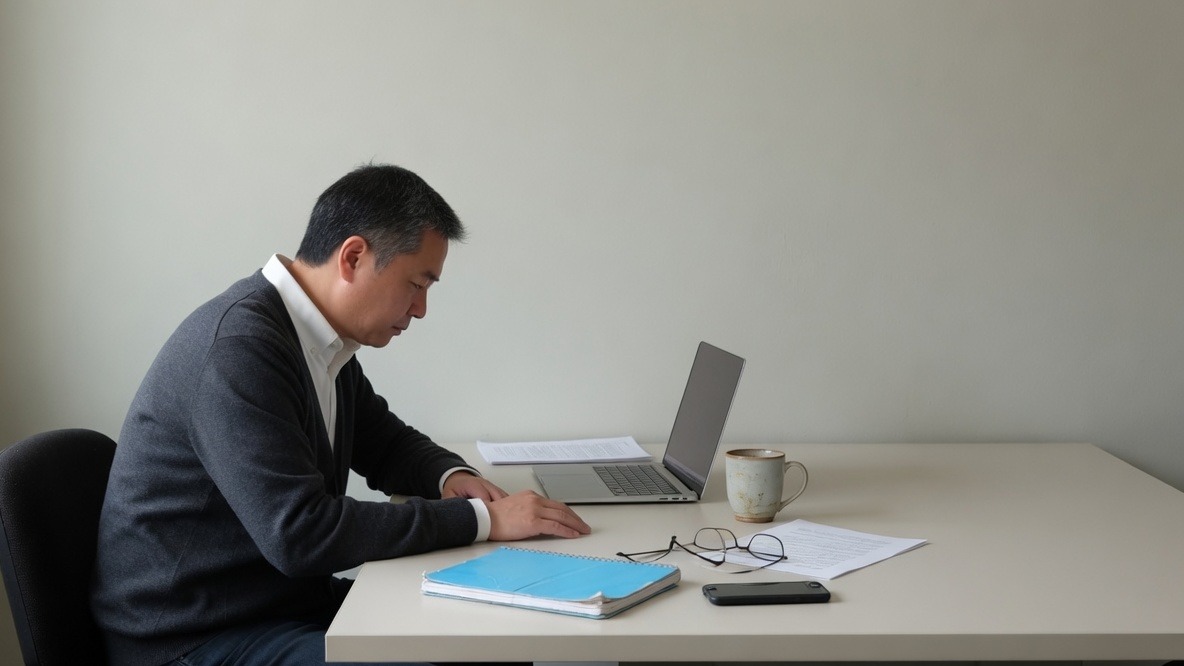 L&D instructor at a weekday late-morning course-build desk